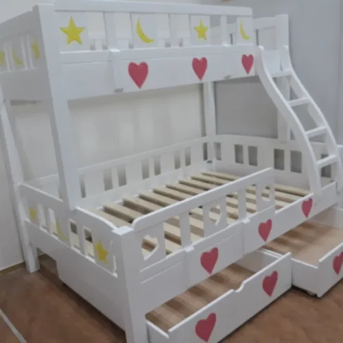 Pat cu etaj pentru copii cu scari si sertare de depozitare