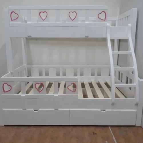 Pat supraetajat din lemn masiv fabricat manual in Romania, cu sertare de depozitare, 200x90cm, 200x120cm, 200x140 cm